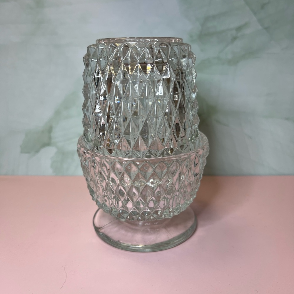 Vintage Indiana Glass Diamond Point Clear Fairy Lamp 2 Pc Candle Votive Holder - Picture 3 of 8